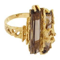 14ct gold two stone rectangular cut smoky quartz, abstract design ring, stamped