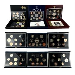 Nine The Royal Mint United Kingdom proof coin collections, dated 1984, 1987, 1990, 1994, 1995, 1997, 2002, 2007 and 2010, all cased with certificates