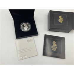 Two The Royal Mint United Kingdom 2020 'The Queen's Beasts' fine silver proof one ounce coins, comprising 'The White Horse of Hanover' and 'The White Lion of Mortimer', both cased with certificates (2)