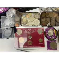 Great British and World coins, including King George V 1935 crown, commemorative crowns, Queen Elizabeth II 2007 five pounds, pre Euro coinage, various empty coin boxes etc