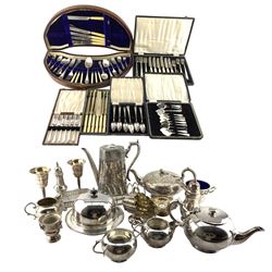 Inlaid mahogany fan shape cutlery box and contents of plated cutlery, plated three piece tea set, Victorian plated tea pot, assorted boxed cutlery and other plated items