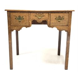 George III oak side table with three drawers, shaped apron, raised on square chamfered supports W80cm, D50cm, H78cm