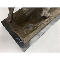 Large bronze model of a Bull, signed 'Milo' with foundry mark, upon a rectangular polished marble plinth, overall H29cm x L36cm 