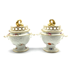 Pair Chamberlain Worcester sauce tureens and covers, the lid with pierced gallery and gilded dolphin-form knop, with shell-form handles, floral moulded body with foliate sprays and gilt details, H19cm 