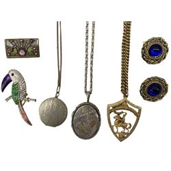 Victorian silver aesthetic locket, decorated with birds and insects on a foliate engraved ground and picked out in yellow and rose coloured metal, on a later fancy link chain, together with a small quantity of costume jewellery, including paste set buckles and various pairs of clip earrings