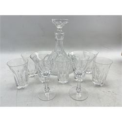Heavy cut glass ships decanter, set of seven slice cut tumblers and two matching wine glasses