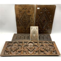 Pair of 18th Century oak panels carved with lozenge design 54cm x 34xm, a carved oak fielded panel 24cm x 82cm and two other panels