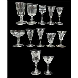 19th century and later glass to include a plain stemmed wine glass, the ovoid bowl engraved with a Boar, ale flute wrythen conical bowl, four examples with flared and slice cut bowls, Venetian octagonal wine glass etc 