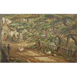 English Primitive School (19th/20th century): Figures Watching Geese in a Country Lane, oil on canvas signed with monogram MB, 50cm x 75cm