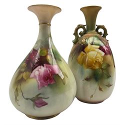 Early 20th century Royal Worcester vase, of lobed form with applied twin handles and flared rim, hand painted with roses, with green printed marks beneath including shape number 153, and date code for 1908, H20cm, together with another Royal Worcester vase, signed K.H. Blake (2)