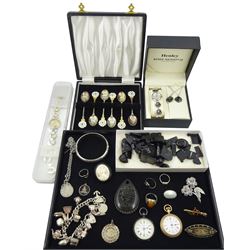 Gold horseshoe brooch stamped 9ct, set of six silver and enamel teaspoons by Turner & Simpson Ltd, Birmingham 1963, silver charm bracelet, Victorian silver swallow brooch, collection of silver and vintage costume jewellery, two fob watches, Henley wristwatch and a Swatch watch