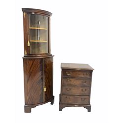Georgian design mahogany serpentine chest of drawers, the cross banded top over four graduated drawers and canted fluted corners, raised on bracket supports (W51cm) together with a floor standing bow front corner cupboard (H152cm)