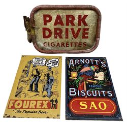 Park Drive Cigarettes enamelled advertising sign in tubular mount and two other advertising signs, 'Fourex The Popular Beer' and 'Arnott's Biscuits SAO'