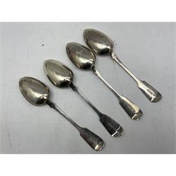 Set of four Victorian silver fiddle pattern table spoons engraved with initial 'L' Exeter 1857 Maker John Stone 7oz