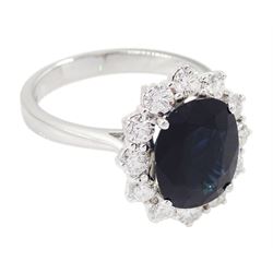 18ct white gold oval sapphire and round brilliant cut diamond cluster ring, sapphire approx 3.50 carat, total diamond weight approx 0.90 carat