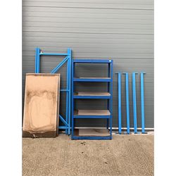 Industrial racking - one unit with five adjustable shelves (60cm x 90cm, H190cm) and another with two adjustable shelves (82cm x 155cm, H210cm)