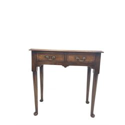George II style mahogany side table, fitted with two drawers over shaped apron, raised on turned supports with pad feet W71cm, H71cm, D34cm