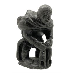 Levi Qumaluk (Inuit, Povungnituk/Puvirnituq, 1919-1997): a carved stone sculpture, modelled as a mother carrying a child in her amauti, signed Levi, with Canada Eskimo Art sticker, H16cm 