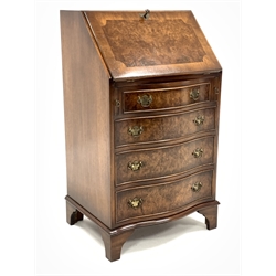 Reprodux figured walnut serpentine bureau, the crossbanded fall front revealing interior fitted with cubby holes and tooled leateher writing surface, over four cock beaded drawers, raised on shaped bracket supports, W53cm, H95cm, D43cm