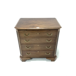 20th century George III style mahogany chest, moulded top over brushing slide and four graduated drawers, canted corners with blind fret decoration, raised on bracket supports 