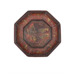 Chinese red lacquer octagonal dish, W31.5cm, Japanese red lacquer dish and a Chinese lacquer container and cover, H33cm 