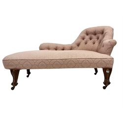 Mid-to late 19th century walnut framed chaise longue, upholstered in button-back pale pink patterned fabric with sprung seat, raised on cabriole supports with brass and ceramic castors