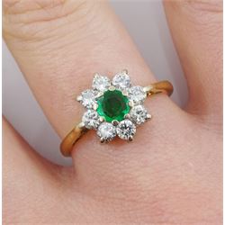18ct gold round emerald and round brilliant cut diamond cluster ring, hallmarked, total diamond weight approx 0.25 carat