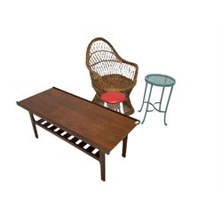 Vintage wicker tub armchair (W58cm) together with two vintage painted aluminium chairs (D35cm) and a mid century teak coffee table with slatted under tier (W112cm) 