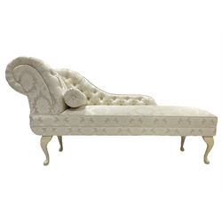 Chaise longue, scroll end upholstered in button-back ivory damask fabric, raised on cabriole supports, with baluster cushion 