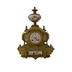 French - late 19th century gilt spelter 8-day mantle clock, case with hand painted porcelain panels surmounted by a porcelain urn with a painted depiction of a couple in 18th century dress, porcelain dial with brass hands and cartouche roman numerals on a pink ground,twin train striking movement with a countwheel strike on a bell. No pendulum.  