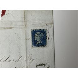 Queen Victoria 1840 two penny blue stamp with black MX cancel partially attached to a letter (three sides cut away completely, now only attached by the top margin), five imperf penny reds each on letter or entire with black MX cancels, two imperf penny reds each on piece with black MX cancel and perf penny red and four pence stamp on single piece with oval cancels (9)