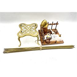 Oak pipe stand, brass trivet and brass stair rods