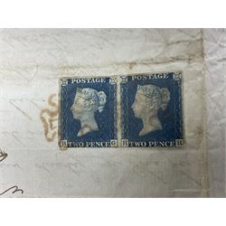 Pair of Queen Victoria 1840 two penny blue stamps, each with red MX cancel on letter, faint 'Falmouth OC10 1840' postmark to the back
