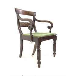 Regency mahogany elbow chair, lobe carved back rail, scrolled and reeded arm supports, drop in upholstered seat pad, raised on turned and reeded front supports 