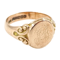 Edwardian 9ct rose gold signet ring, initialled JB, by B H Joseph & Co, Birmingham 1910, approx 7gm