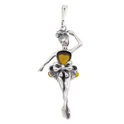 Silver Baltic amber and cubic zirconia ballerina pendant, stamped 925 