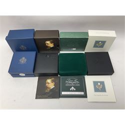 Four The Royal Mint United Kingdom silver proof coins, comprising 2000 'The Queen Mother Centenary Year' piedfort five pounds, 2012 'Charles Dickens' piedfort two pounds, 2012 'The Queen's Diamond Jubilee' piedfort five pounds and 2018 'The 5th Birthday of HRH Prince George of Cambridge' five pounds, all cased with certificate