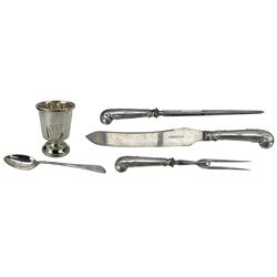 Edwardian three piece carving set with silver pistol handles and in fitted case with presentation plaque from Bedfordshire Regt.  Sheffield 1905 Maker Harrison Bros. & Howson  and silver egg cup and spoon engraved with initials, cased Birmingham 1954