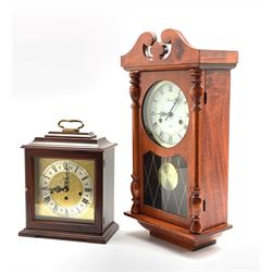 20th century mahogany mantel clock, floral scroll engraved brass dial with silvered Roman chapter ring, inscribed 'Rapport' and 'West Germany' Westminster chiming movement, (W26cm) together with a late 20th century wall clock, dial inscribed 'Lincoln' (H55cm)