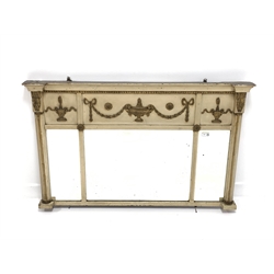 Regency white painted over mantel mirror, decorated with gilt painted leaves, urns and swags, with two reeded pilasters enclosing three bevel edged mirror plates, 111cm x 69cm