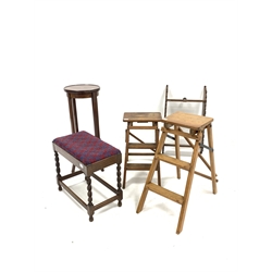 Small beech folding two rung step ladder, (H69cm) another similar step ladder, (H52cm) an oak stool with upholstered seat panel, (W52cm) a carved wood wall hanging shelf unit, and an Edwardian inlaid mahogany jardiniere stand, (H79cm) 