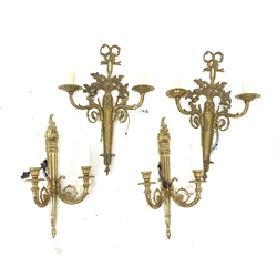 Pair of modern Georgian design brass two branch wall lights with tied bow finials H49cm and another pair of wall lights