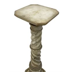 19th century white variegated marble torchere, the canted square top above a plain capital on a tapering spiral and beaded column and octagonal pedestal, H103cm