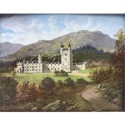 Rectangular porcelain panel hand painted with a view of Balmoral Castle, signed Evans, set within gilt frame (a/f), 20cm x 25cm 