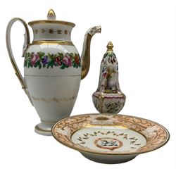 Chamberlain Worcester dish bearing the Osborne family crest, marked beneath, German coffee pot with animal head spout, gilt and floral decoration H25cm and a French faience caster decorated with classical scenes (3)
