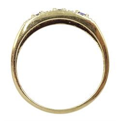 9ct gold three stone oval tanzanite and diamond chip ring, hallmarked