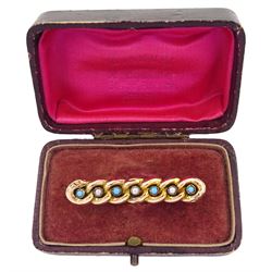 Early 20th century 15ct gold turquoise and pearl cluster brooch and a 9ct gold turquoise and split pearl chain brooch, with velvet and silk lined tooled leather box 