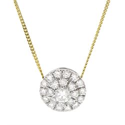 18ct white and yellow gold pave set round brilliant cut diamond circular pendant necklace, total diamond weight approx 0.55 carat