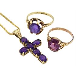 Gold amethyst cross pendant necklace and two gold single stone amethyst rings, all 9ct stamped or hallmarked