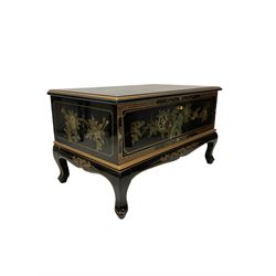 Chinese black lacquered and gilded TV cabinet, fall front compartment